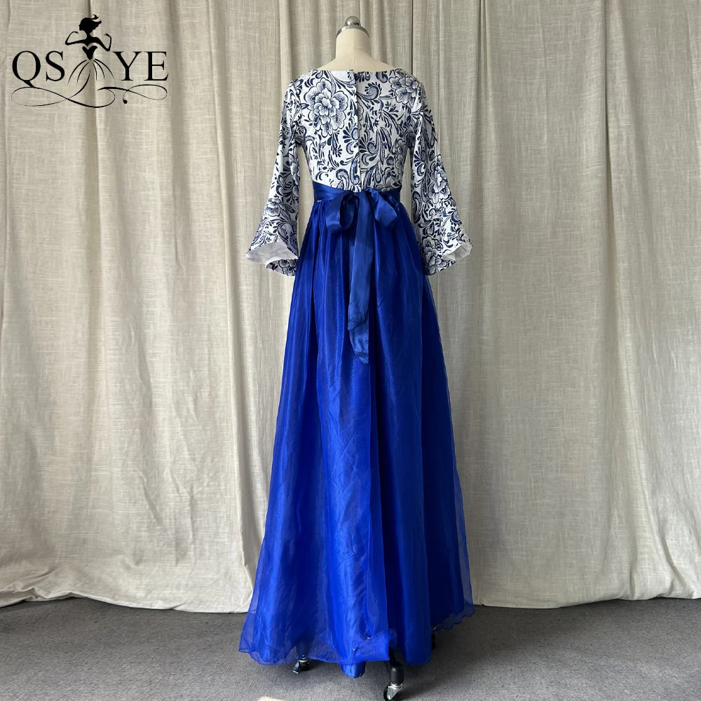 

Pattern Blue Long Prom Dresses V neck A line Flare Long Sleeves Evening Gown Ultramarine Royal Blue Girl Party Bridesmaid Dress