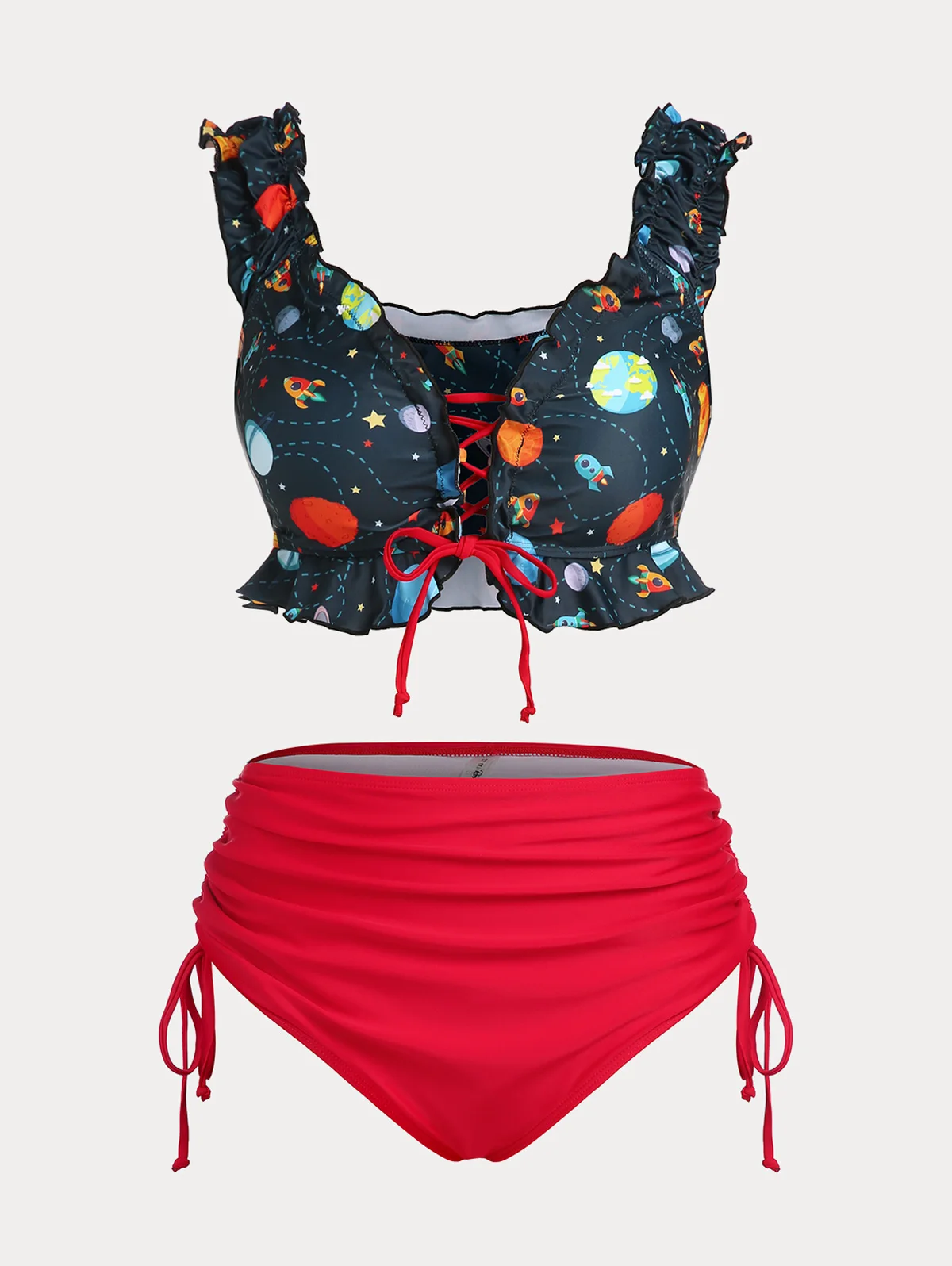 

Womwns Off Shoulder Ruffled Lace Up Two Piece Bondage Bust Drawing Two Said Bottom Print Floral Swimswear Tankini Set