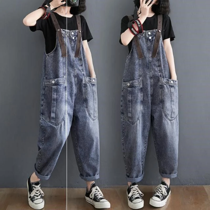 Woman Vintage Denim Overalls Female Pants Loose Wide Leg Jumpsuits Tide Casual All Match High-Waist Loose Trousers Jeans G251