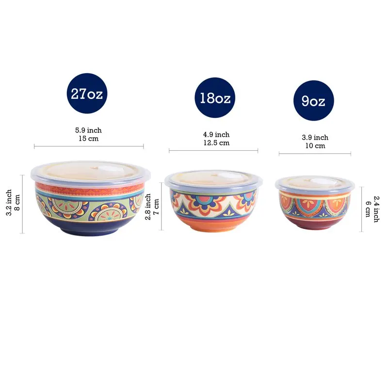 

Charming Tunisian Ceramic Bowl Set - 3 Pieces (27oz, 18oz, 9oz), Air Tight Lids, Prep Snacks, Fruits & Salads, Dishwasher Safe F