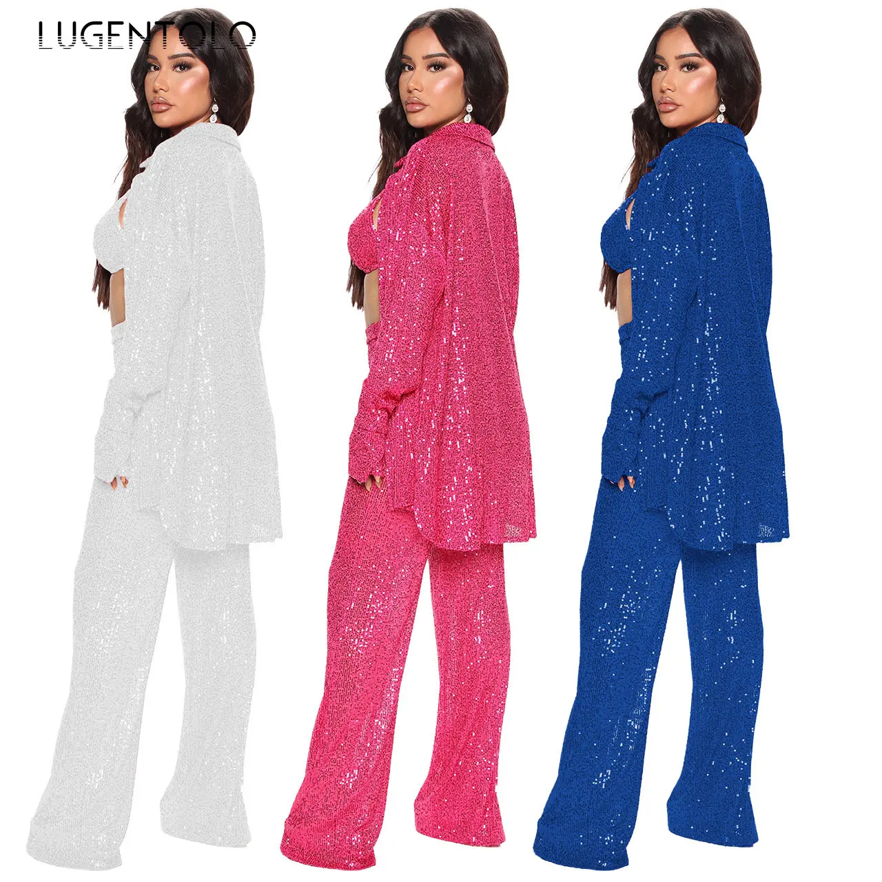 

Women Sequins Shirt Straight Pant Sets Autumn Sexy Bra Solid 3 Piece Set Female Party Fashion Long Sleeve Top