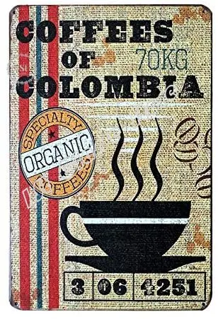 

Vintage Metal Signs Coffee of Colombia Tin Plaques Wall Poster for Garage Man Cave Beer Cafee Bar Pub Club Wall Plaque 8 X12In