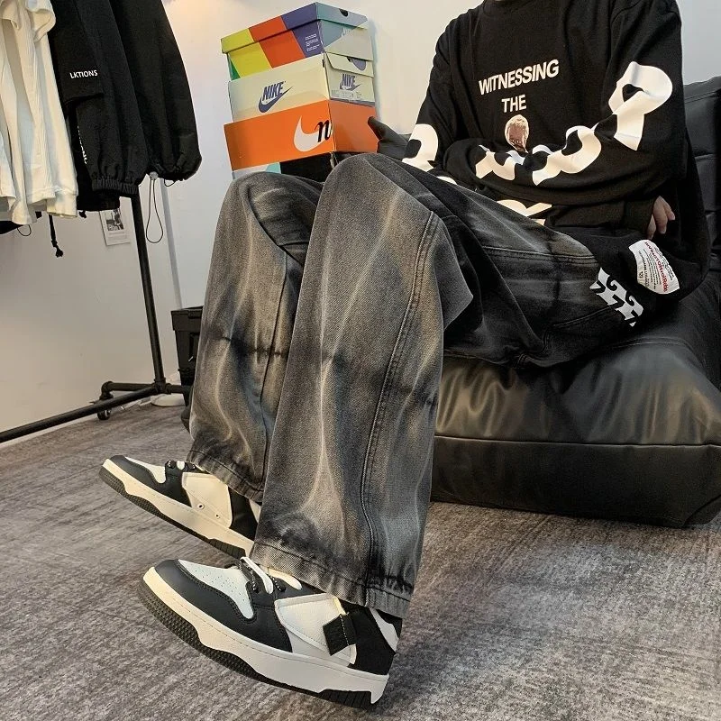 Black Tie Dye Jeans Men's Fashion Retro Casual Baggy Jeans Men Streetwear Loose Hip Hop Straight Denim Pants Mens Trousers S-3XL