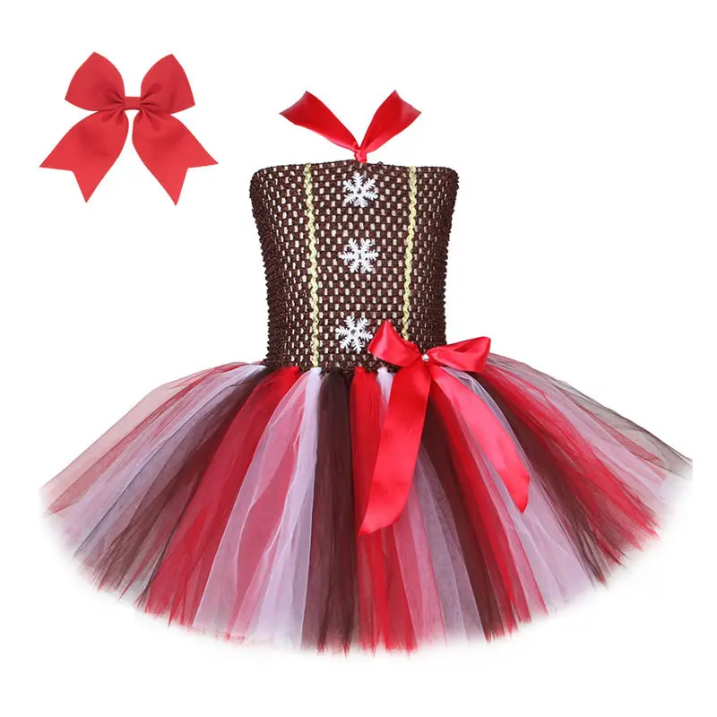 Christmas Gingerbread Cosplay Costume For Baby Girl Lace Party Dress Fashion Xmas Kid Sling Bow Tunic Clothes