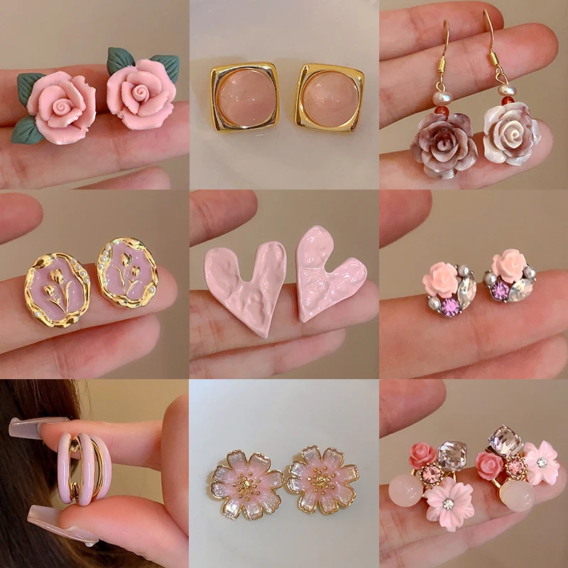 

Pink Color Dangle Earrings for Women Korean Fashion Flower Pendant Earrings Butterfly Heart Drop Earrings Jewelry Accessories