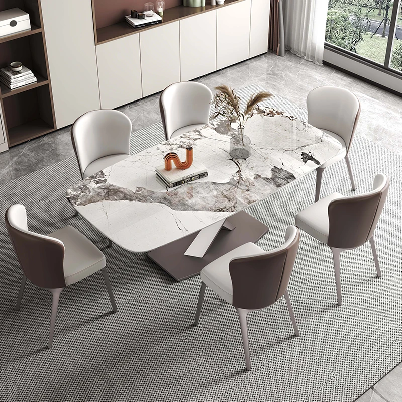 

Italian bright rock plate dining table small household modern simple stainless steel light luxury table and chair combination