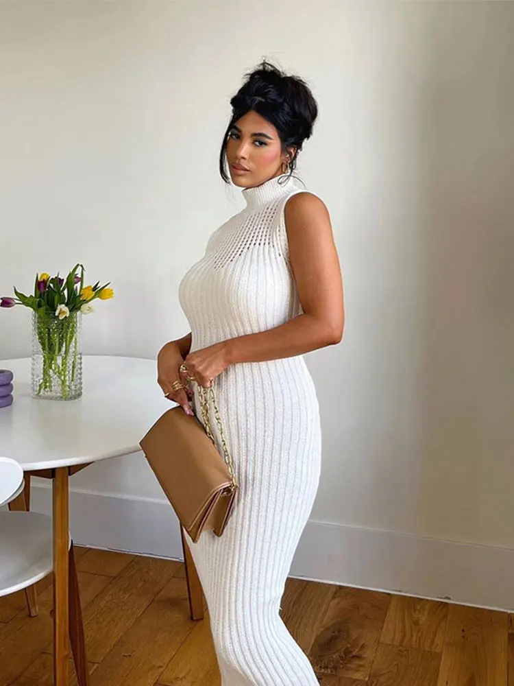 

Sexy Solid Hollow Out Knitted Dress Women Elegant Slim Half High Collar Midi Dresses 2023 Spring Summer Chic Female Vestidos