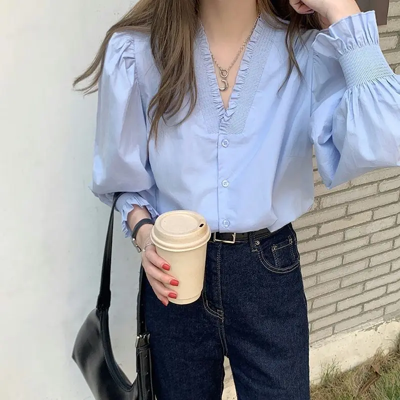 French v-neck agaric edge bubble sleeve shirt femininity Korean style chic top