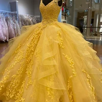 yellow quinceanera dresses beading sequined appliques bow tulle bridal ball gown princess skirt prom party dress robes de soir%c3%a9e