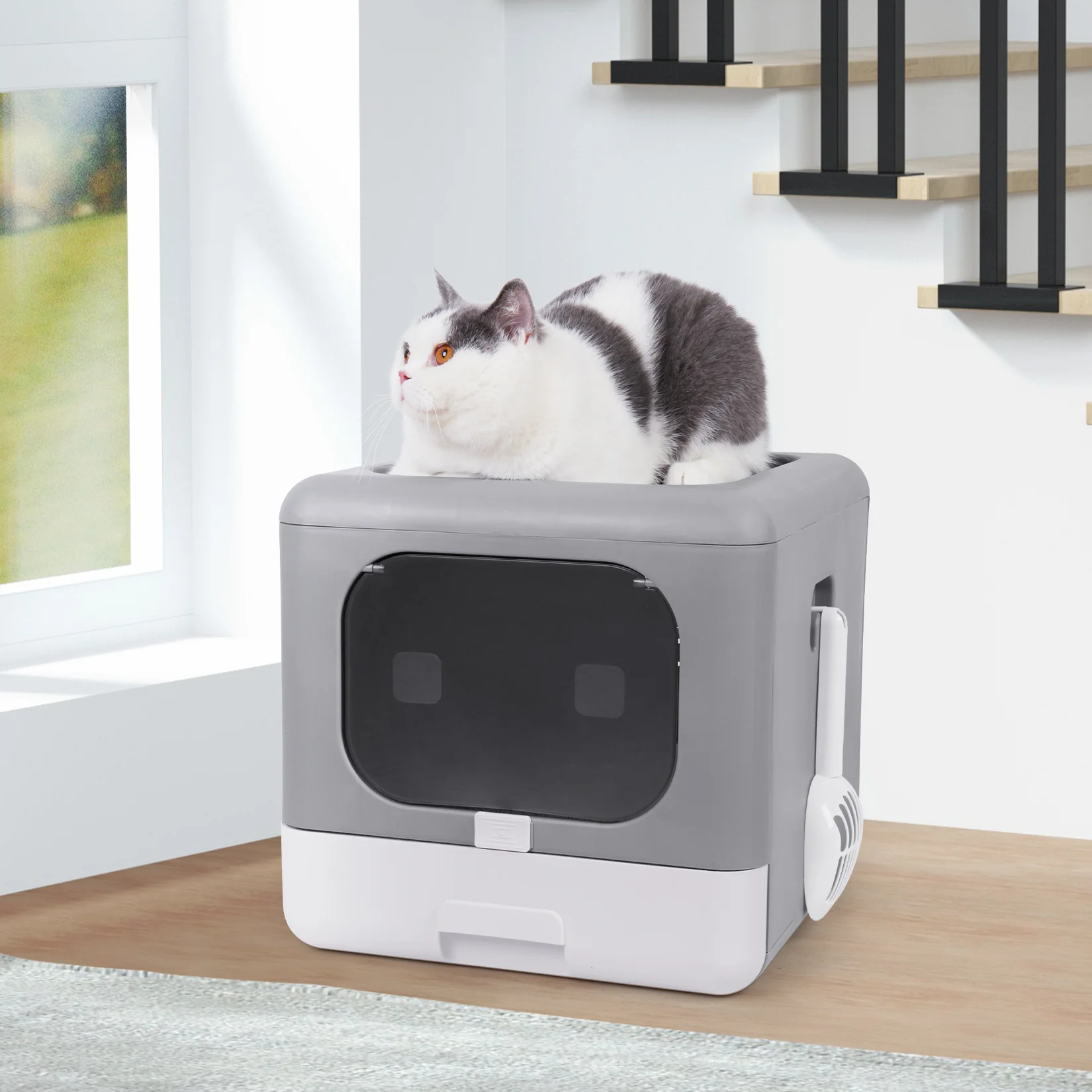 Foldable Top Entry Litter Box With Cat Litter Scoop Drawer For Medium And Large Cats