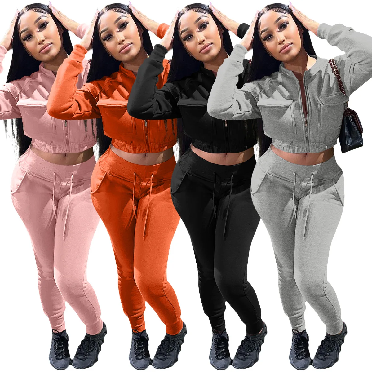 

2022 Long Sleeve Zipper Short Top Elastic Long Pants Two Piece Sets Hot Sale Pure Color Women Casual Street Style Suit