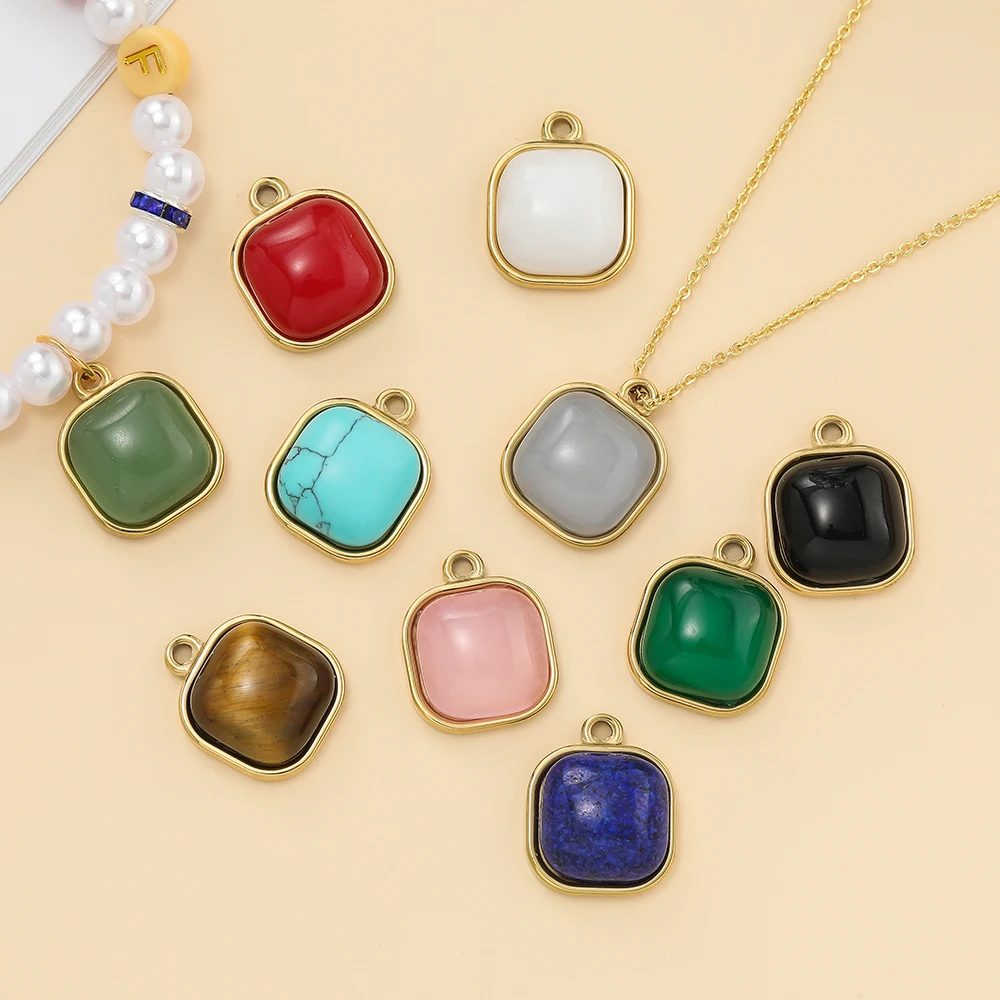 1 шт./упак. многоцветный натуральный камень из нержавеющей стали квадратный кулон