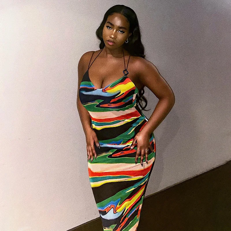 

Summer Multi-Color Tie Dye Maxi Dress Women Elegant Low Neck Spaghetti Strap Body-Shaping Robe Party Clubwear Female Vestido