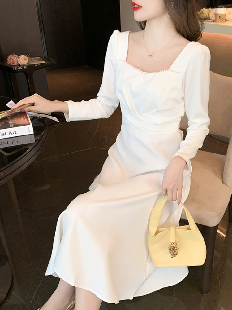 

2022 Autumn Winter New White Slim Dress Slim Long Sleeve Square Collar Streetwear Robe Femme été Maxi Dress Slim