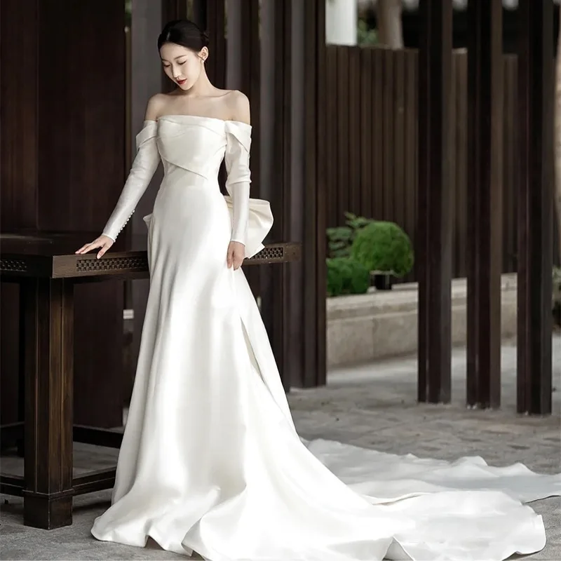 

2023 Off Shoulder Bride Dresses Long Sleeves Satin Wedding Dress With Bow Photo-Shooting Tour Simple Robe De Mariée Gown Bridal