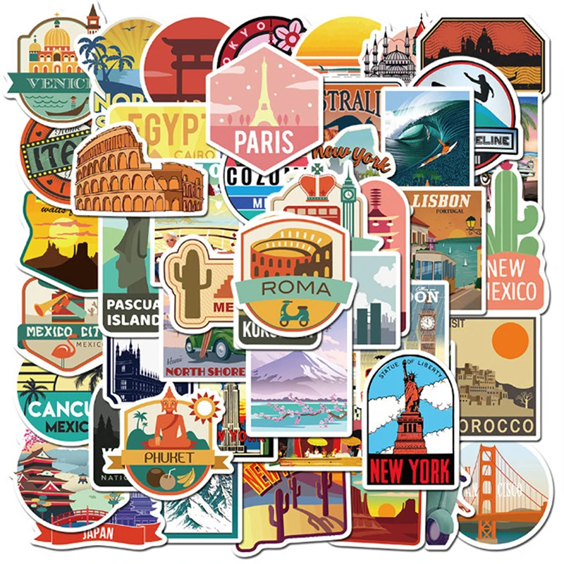 

50pcs Global Travel City Landscape Stickers Decal Vinyl for Stationery Scrapbooking PS4 Skateboard Laptop Guitar Sticker