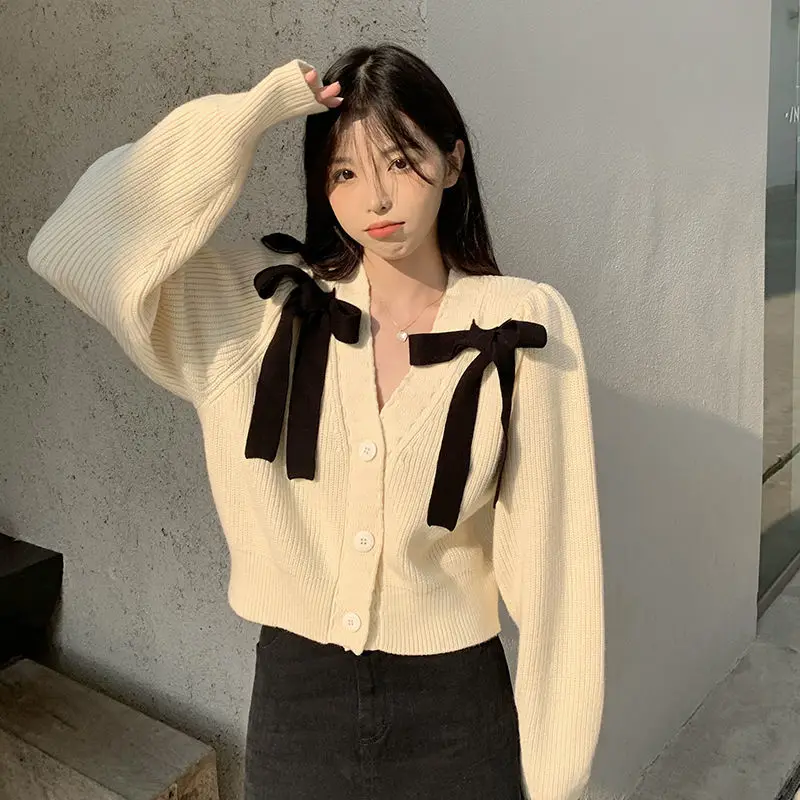 

Autumn Winter Bow Crop Cardigan Women New French V-neck Long Sleeve Knitted Cardigans Chic Single-breasted Sweater Jacket Female