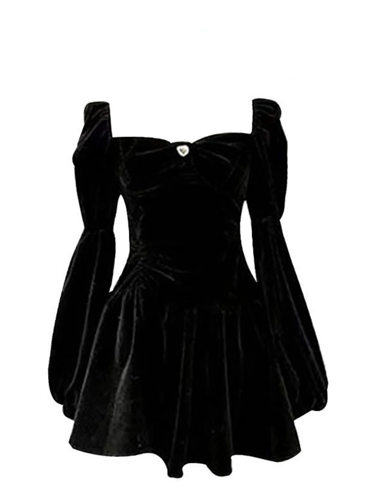 

Velvet Birthday Party Evening Dress Women Sexy Low Cut Short Black Dresses Puff Sleeve Vintage Ball Gown Chic Elegant 2023 New