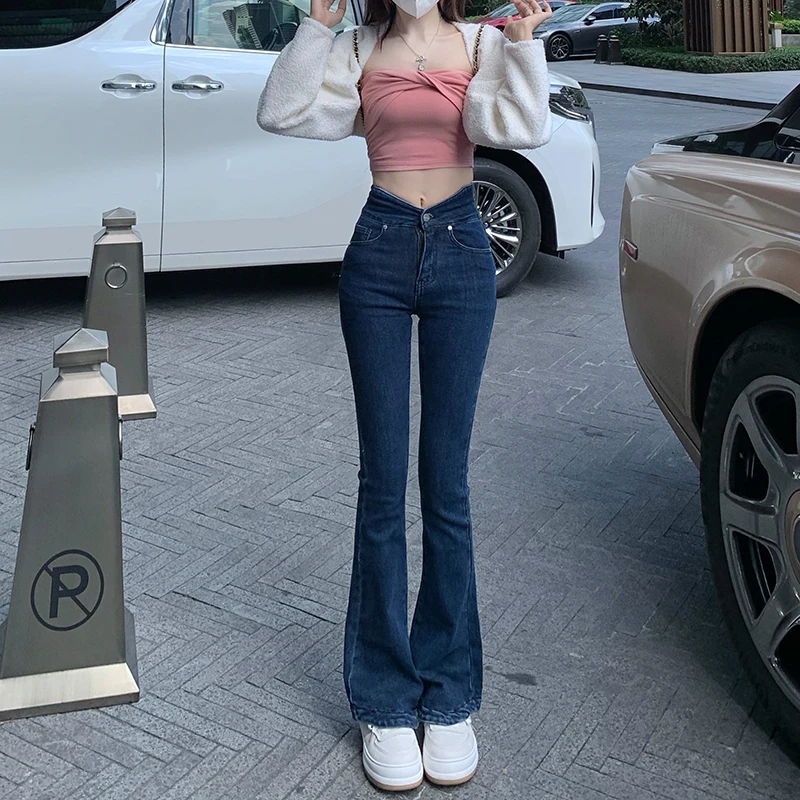 

DD2997 New style loose drape horseshoe pants stretch high waist slimming pants micro flared jeans