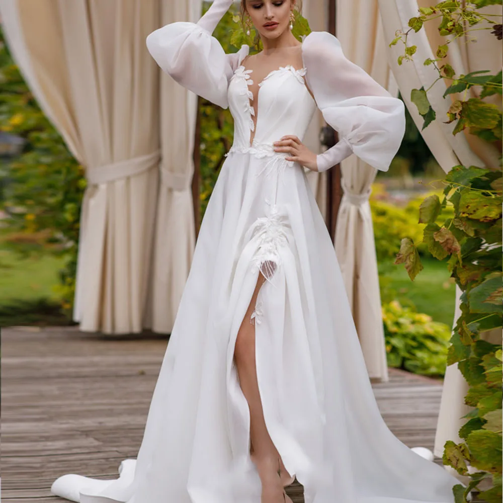 

Elegant Wedding Dresses O-Neck Lace Applique Lace Up Long Puff Sleeve Backless Bride Gowns Organza Side Split Vestido De Noiva