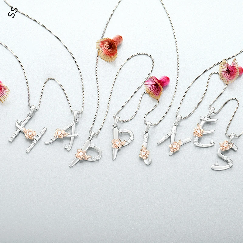 Inlaid Zircon Rose Flower 26 Letters Pendant Female Necklace Sterling Silver 925 Fashion Garment Accessories