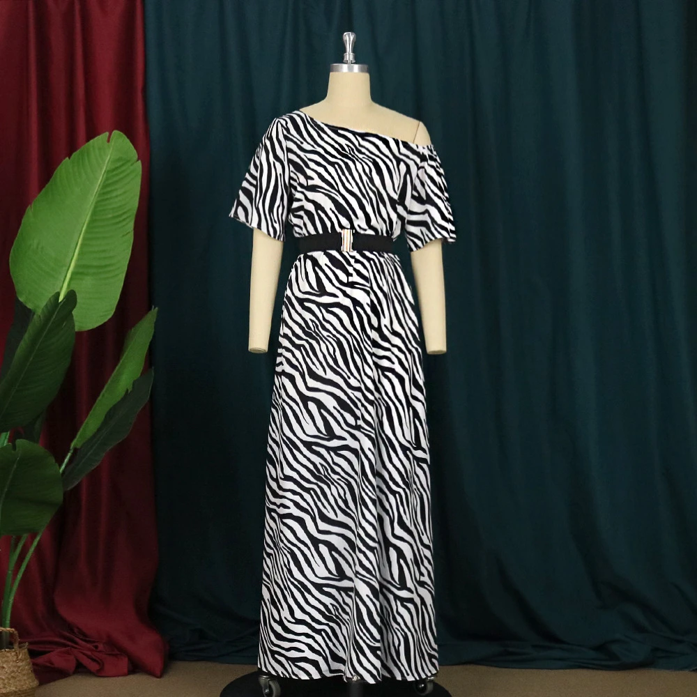 

Sexy Zebra Stripes Printing Inclinde Shoulder Maxi Dress with Waist Belt Short Sleeve One Shoulder Long Robe Femme Office Lady
