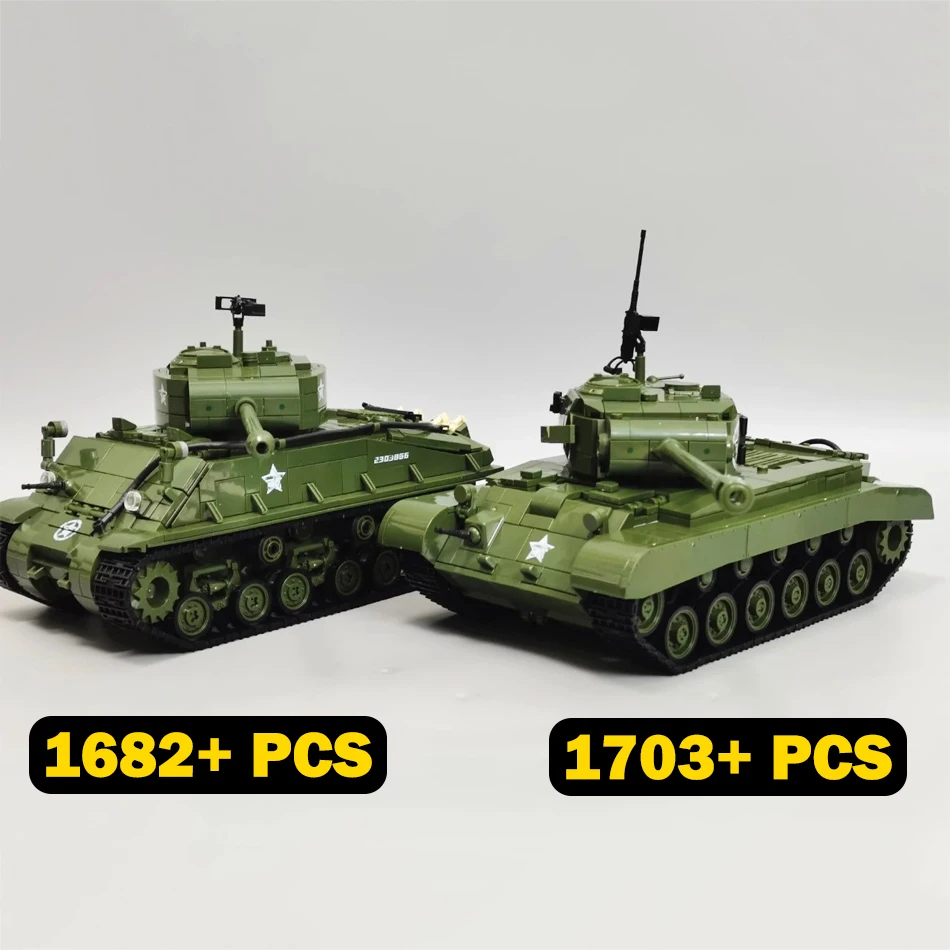 Фото WW2 Military US Army M26 Pershing M4 Sherman Medium Tank Building Blocks Heavy Tank with Crew Soldiers Кирпичи Игрушки для детей Подарок №2
