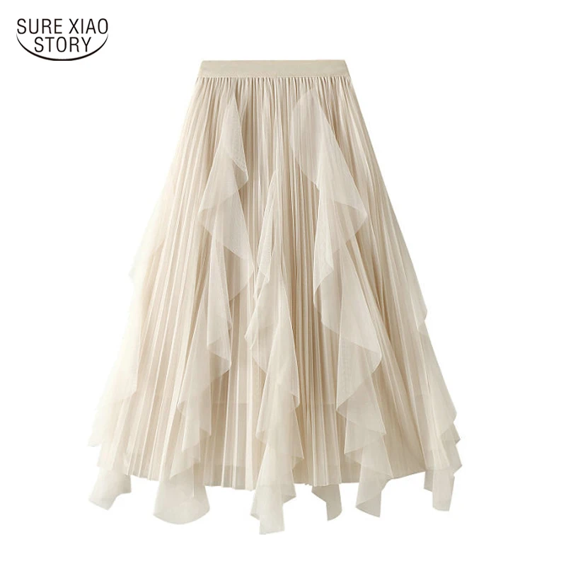 

Casual Ruffle Stitching Mid-length Pleated Skirt 2022 Spring Elastic High Waist Mesh Skirt Sweet Solid White Fairy Skirt 19942