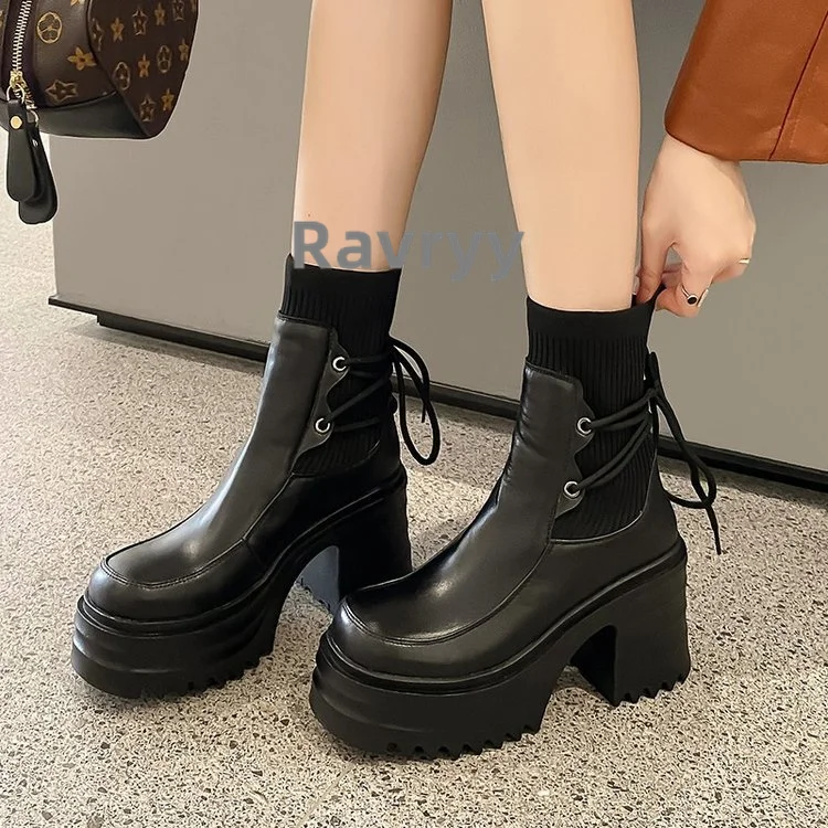 Autumn Winter Muffin Thick Bottomed British Style Knitting Boots Women's Thick Heels Elastic Band High Heels Short Boots