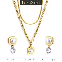 luxusteel vintage imitation pearl crystal necklace earrings sets for women gilrs gold color stainless steel rolo snake chain
