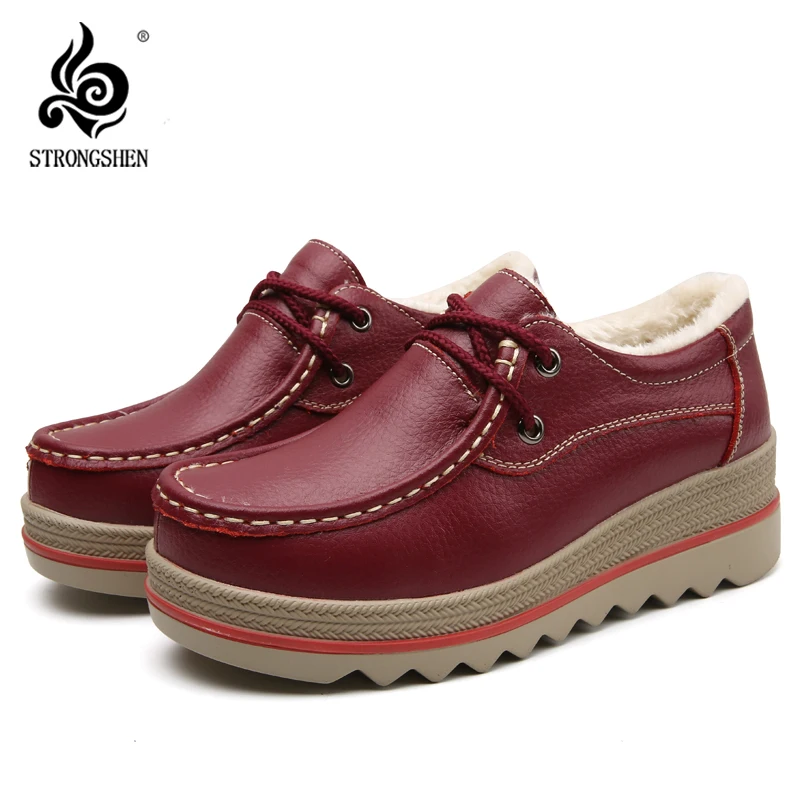 

STRONGSHEN Women Shoes Genuine Leather With Fur Casual Shoes Woman Platform Lace Up Warm Heel High 5cm Loafers Ladies Shoes