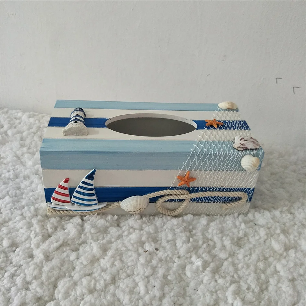 

Tissue Box Cover Holder Nautical Mediterranean Decorative Case Dispenser Paper Rectangular Beach Napkin Facial Coastal Wooden