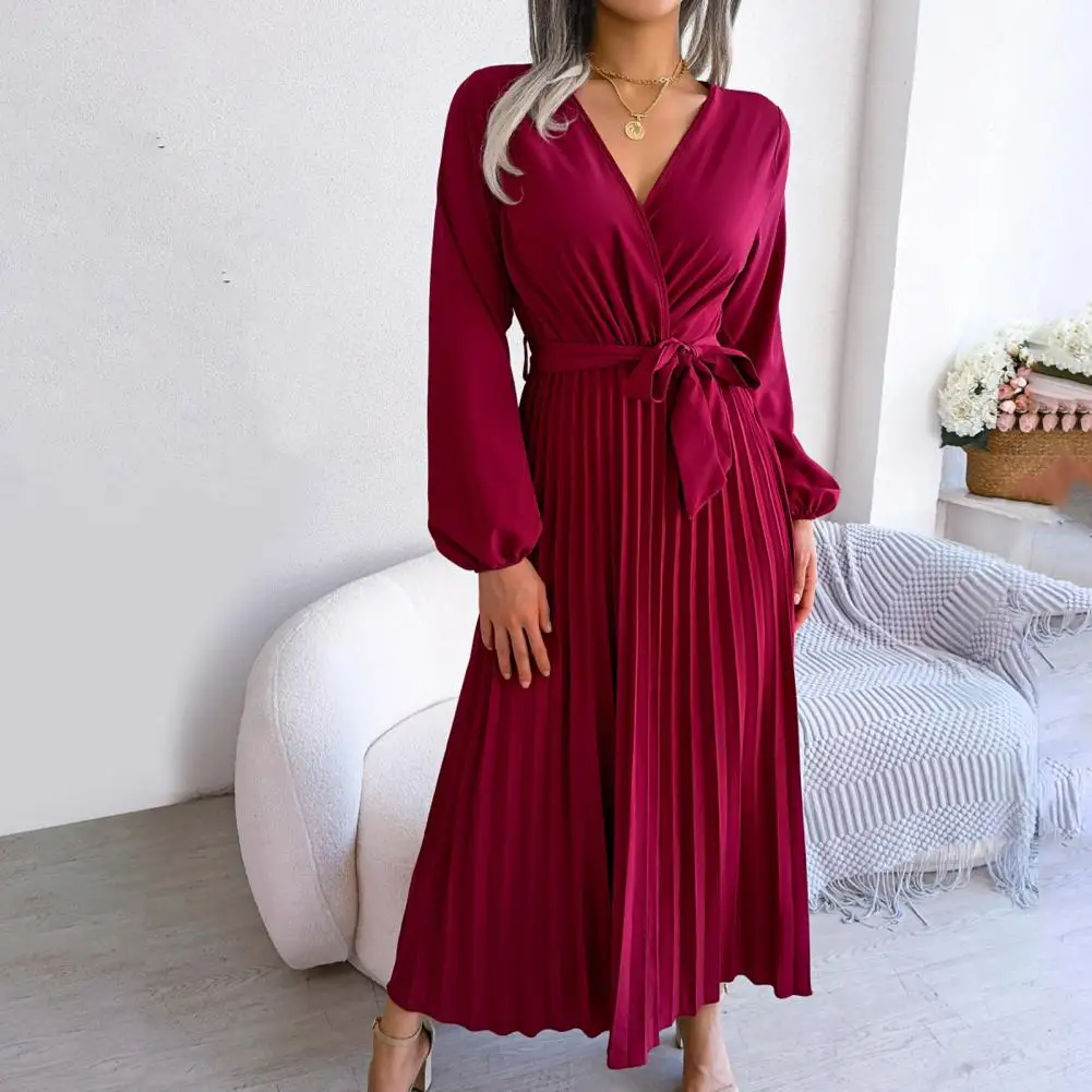 

Women Dress V-neck Lantern Long Sleeve Maxi Dress Belt Pleated Loose Hem Solid Color Office Lady Long Dress Streetwear