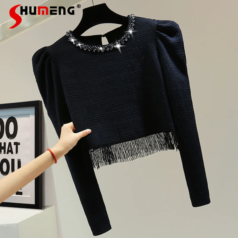 

Diamond Bead Long Sleeve T-shirt for Women 2023 Autumn Korean Style Pullovers Shirt Girls High Waist Short Tassel Tshirt Top