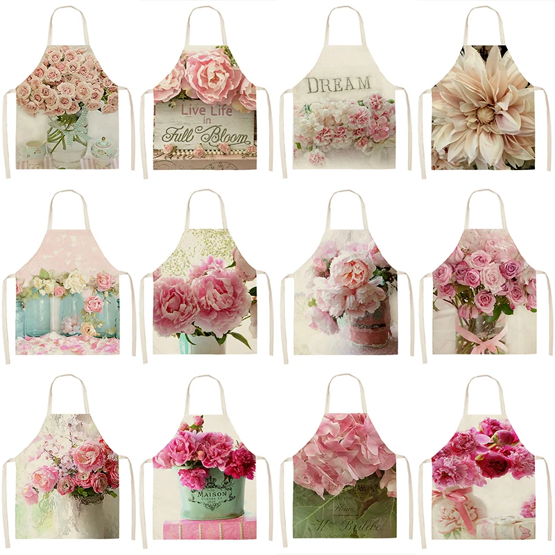 

1Pcs Nordic Flower Pattern Kitchen Sleeveless Aprons Cotton Linen Bibs 55*68cm Household Women Cleaning Pinafore Home Cooking