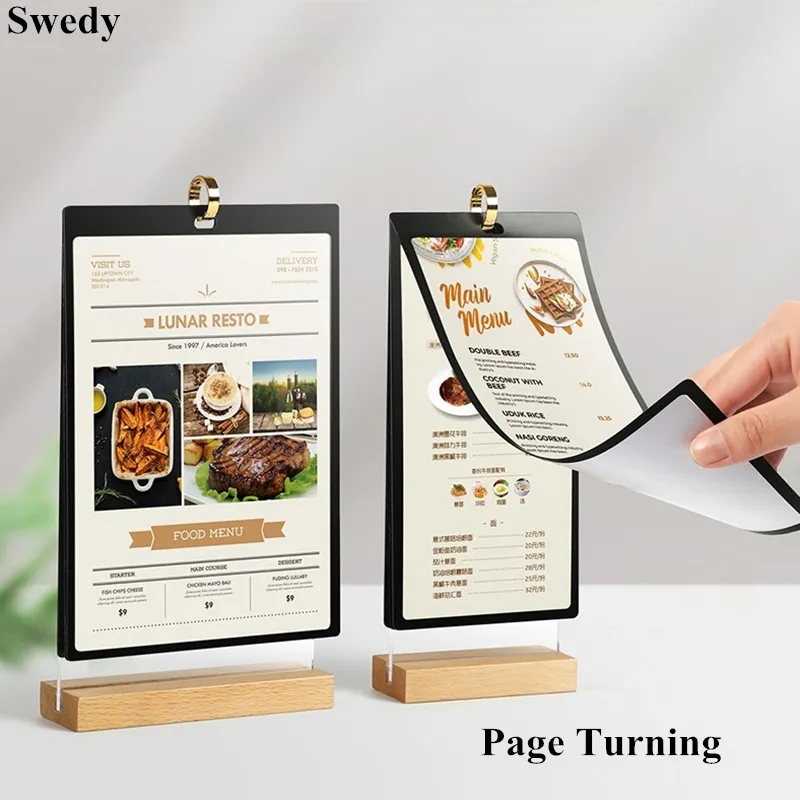 

100x200mm Page Turning Wood Base Acrylic Sign Holder Poster Frame Restaurant Coffee Shop Table Menu Paper Flyer Display Stand