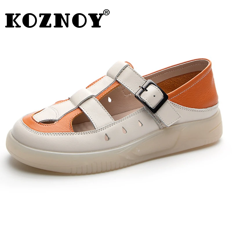 

Koznoy 3cm Sandal Ethnic Hollow Oxford Loafer Flats Durable Natural Weave Genuine Leather Summer Soft Soled Comfy Women Shoes