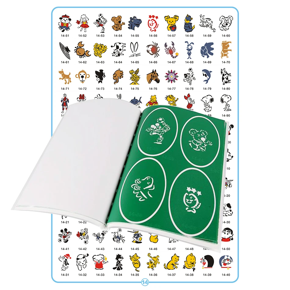 

Трафарет для татуировки для аэрографа, 100 картинок (книга 14), лидер продаж в Китае, Мультяшные Стикеры, временное многоразовое использование для детей, женщин