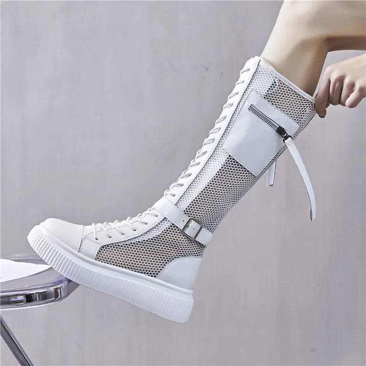 

2023 New White Long Sandal Boots Women's Summer Thin Breathable Mesh Hollow Knight Thick Mesh Fashion Shoes