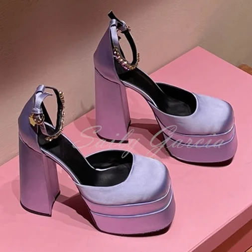 Satin Super High Heels Square Toe Platform Sandals Women Ankle Strap Party Wedding Shoes Mary Jane Chunky Heel Female Shoes