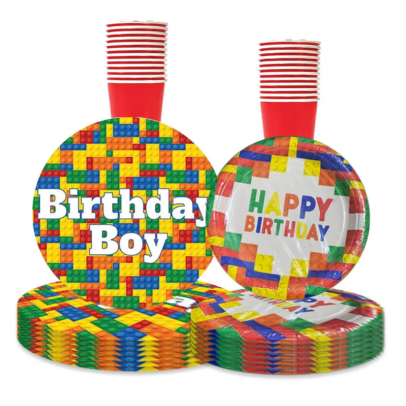 

10Guests Building Block Birthday Party Tableware Colorful Building Block Plates Cups Napkin Banner Birthday Tablecloth Kid Favor