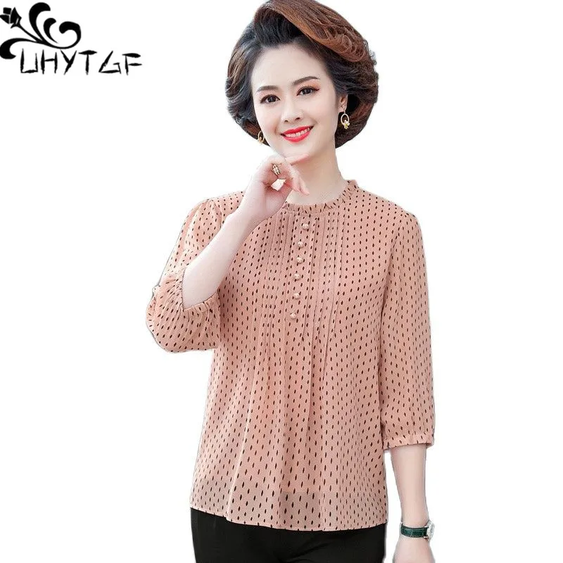 

UHYTGF Summer Blouses Women's Polka Dots Mid Sleeve O Neck Pullover Chiffon Shirts Female Young Mom Thin 5XL Loose Size Top 1981