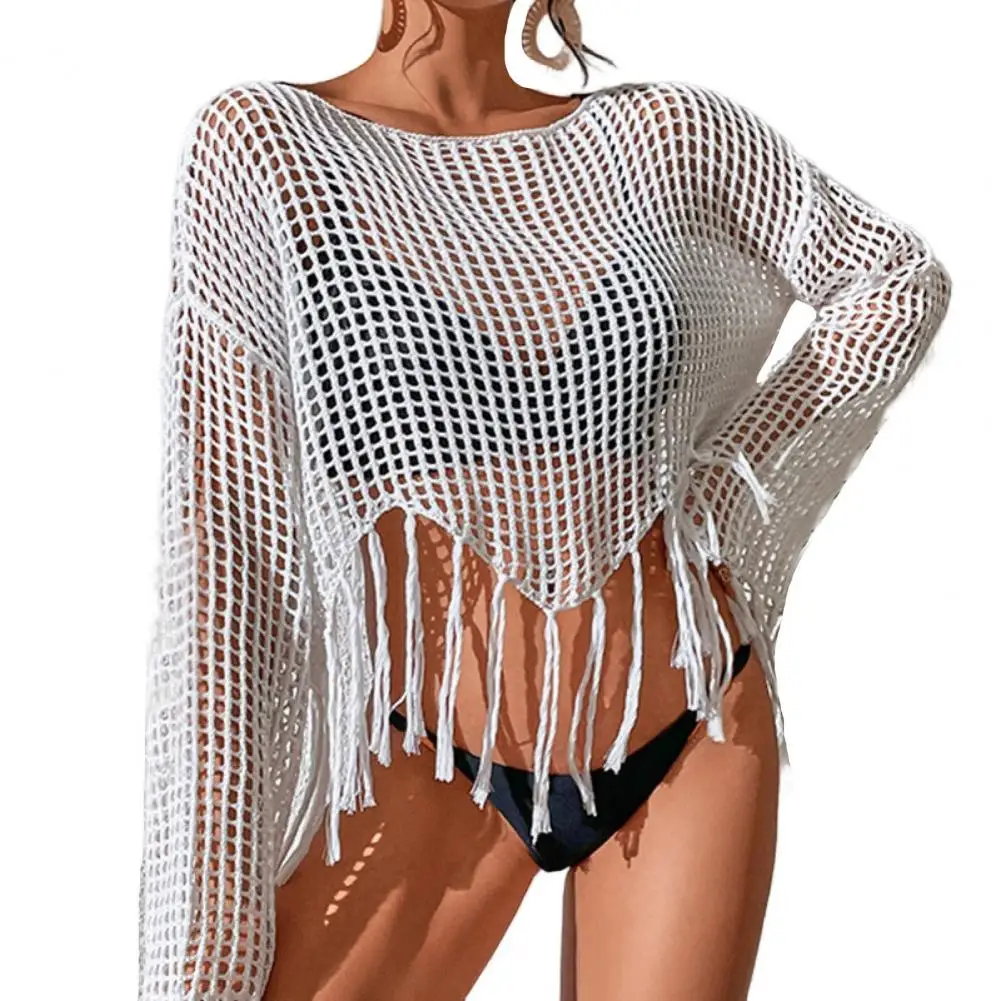 

Flared Long Sleeve Soft Fabric Crochet Knitted See-Through Net Sunscreen Blouse for Gathering