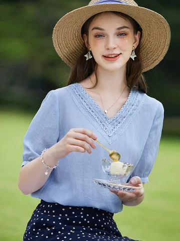 I BELIEVE YOU Summer Top New Fashion Woman Blouses 2022 French V-Neck Half Sleeve T-Shirts Slim Temperament Blouses 2212053900