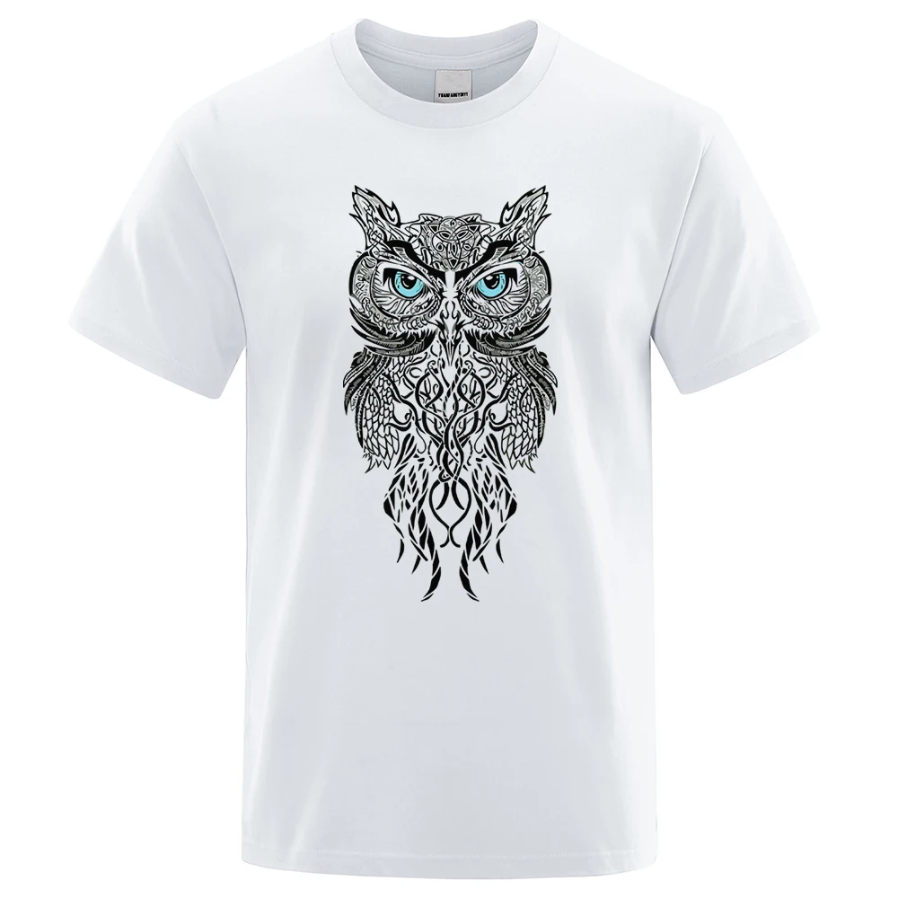 

Interesting Men's Blue Eyed Owl Printed T-shirt Loose Cotton Oversized Clothes Soft And Comfortable Short Sleeved Summer