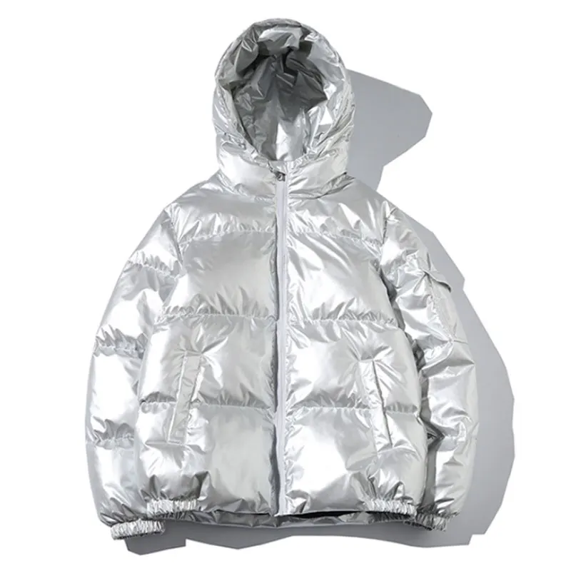 

Winter Men Jacket Thick Warm Parka Jackets Silver Bright Glossy Bread Coat Fashion Young Loose Hooded Cotton Jacket Outwear Male