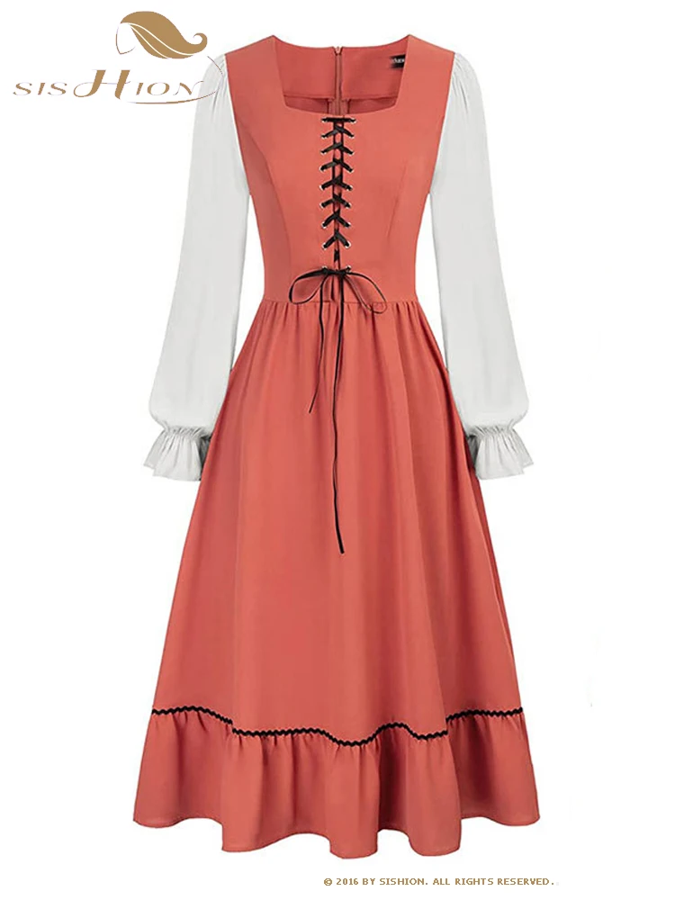 

Женское винтажное платье SISHION VD3893, черное, оранжевое, зеленое платье с длинным рукавом для ролевых игр