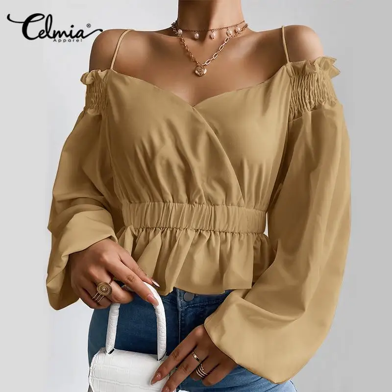 

Fashion Women Straps Blouses 2022 Celmia Sexy Off Shouder Long Puff Sleeve Peplum Shirts Pleated Short Tops Sweet Waisted Blusas