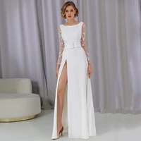 weilinsha floor lenght side slit wedding dress lace appliques full sleeves bridal dress zipper back court train wedding gowns