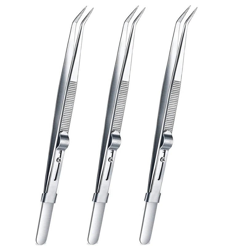 3Pcs Diamond Stone Tweezers Jewelry Tweezers Stainless Steel Slide Locking Serrated Fine Curved Pointed Tip Tweezers